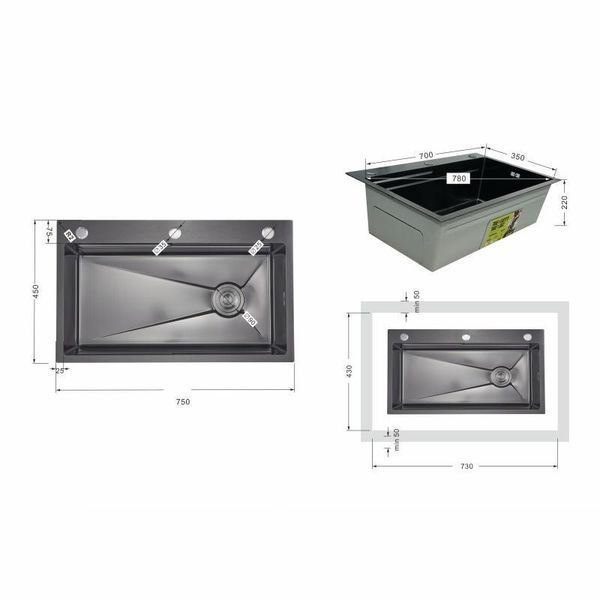 Lidz Handmade H7545B Мийка для кухні інтегрована Decor Black PVD Honeycomb 3,0/1,0 мм LDH7545BDECPVD48373 фото, описание, характеристики, цена